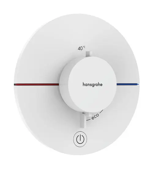 Thermostatsteuerung in Mattweiß von Hansgrohe mit einem Drehknopf zur Temperatureinstellung und einem Schalter für die Eco-Funktion, an einer runden Wandmontage.